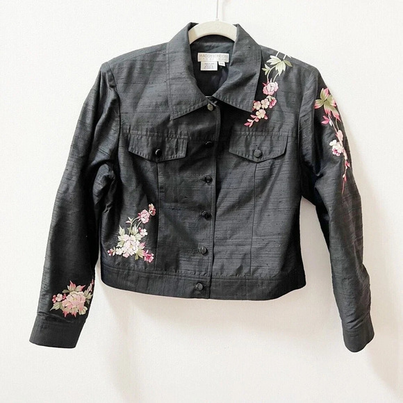 Vtg Y2K Maggy London Black 100% Silk Floral Embroidered Button Jacket Sz 10 Pet - Picture 1 of 11